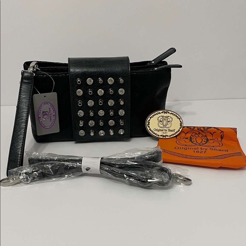 Sharif 1827 Black Studded Wrist/Clutch/Crossbody Bag - Picture 2 of 16